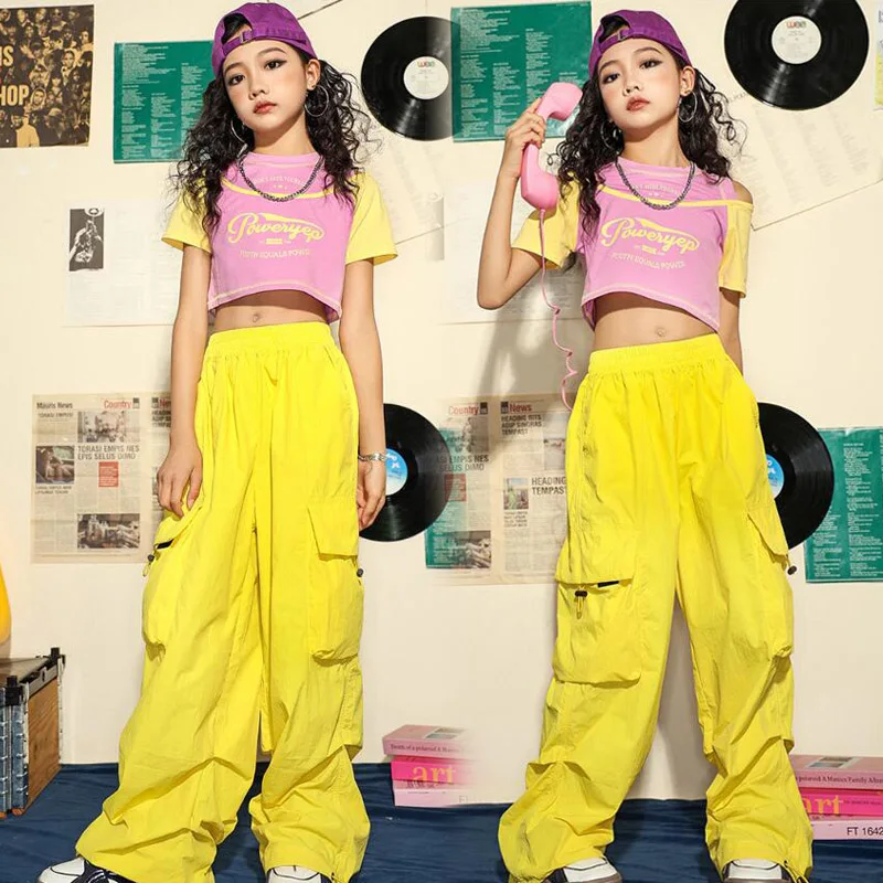 Pantalon cargo à poches pour filles, vêtements Hip Hop pour enfants, court et précieux, costume de danse jazz pour adolescents, vêtements de rue, jaune, décontracté