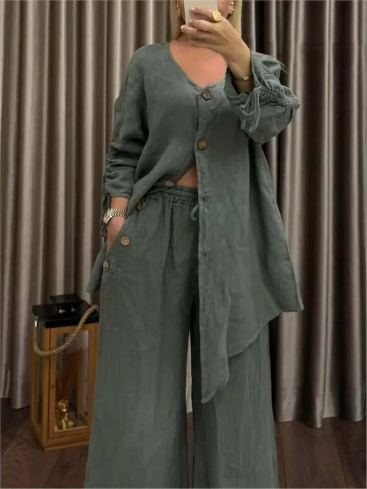 

Fashion Solid Two Piece Set For Woman Casual V Neck Long Sleeve Button Tops+Wide Leg Pants Sets Outfits Lady Holiday Clothes New