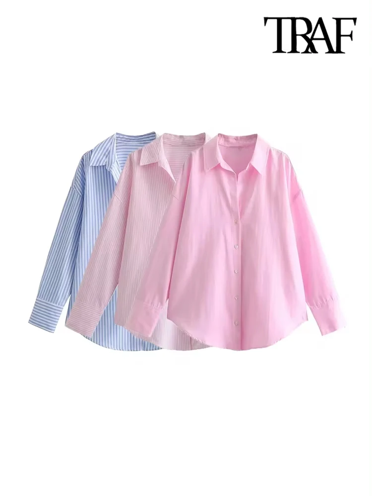 TRAF-Loose Asymmetric Shirts for Women, Long Sleeve, Front Button, Female Blouses, Chic Tops, Fashion