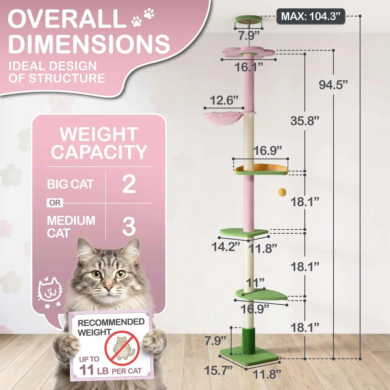 Flower Floor-to-Ceiling Cat Tree, Adjustable Height 94”-104” Cat Tower, Multi-Tier Tall Cat Climbing Pole w/Sisal-Wrapped Scratc