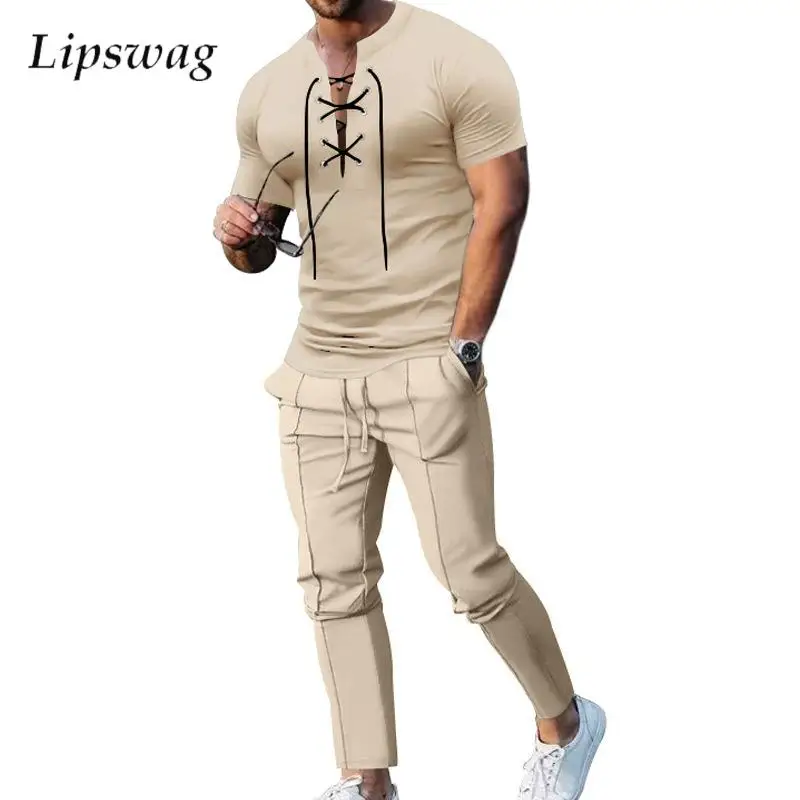 

Casual Solid Color Tracksuits Mens Summer Fashion Two Piece Sets Men Vintage Drawstring V Neck Short Sleeve Tops And Pants Suits