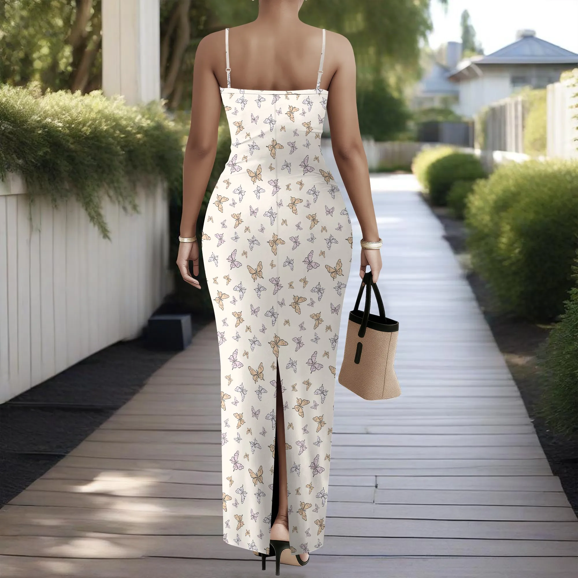 Abito lungo da donna con cinturino per spaghetti Boho Chic con stampa a farfalla alla moda XS-3XL