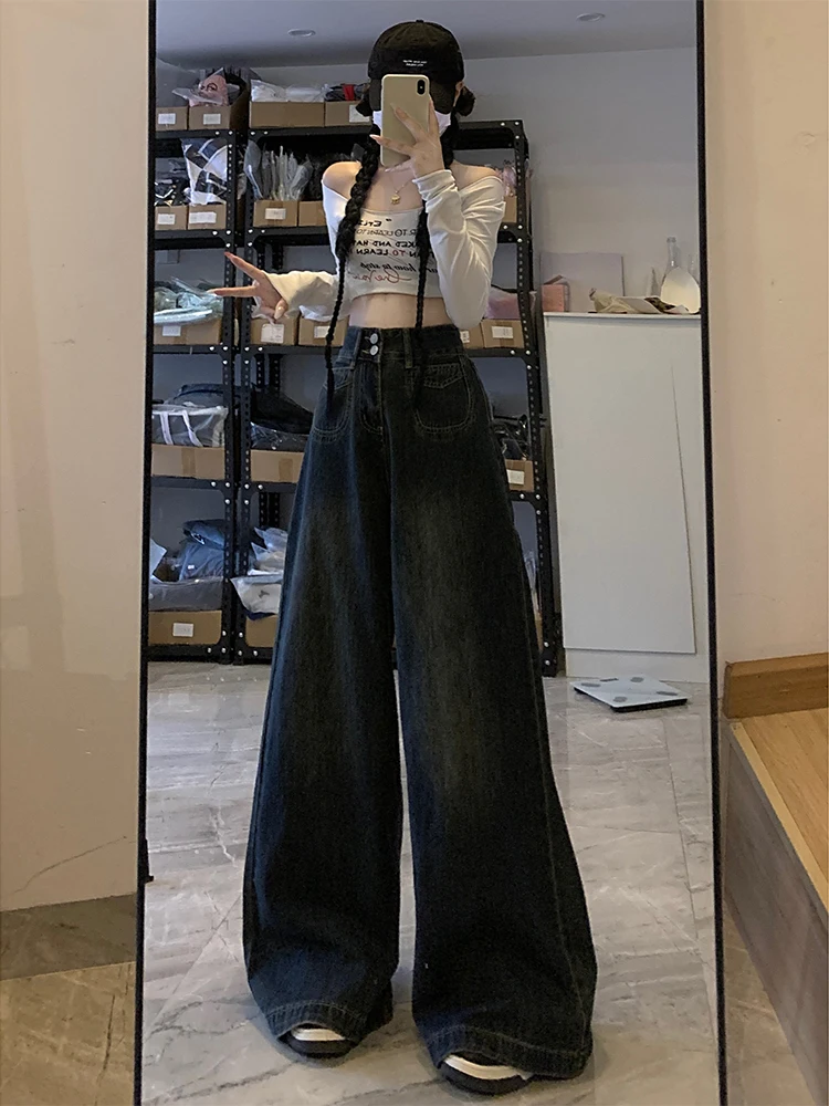 

Джинсы женские с высокой талией, широкие штанины, осенне-зимние, дизайнерские, свободные, стройнящие, драпирующиеся, прямые, длинные брюки