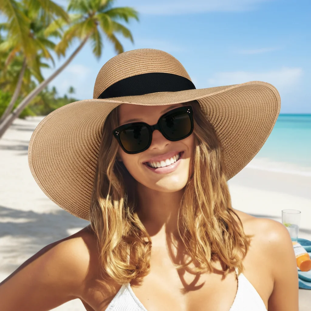 Damen Strand Sonnenhut aus Stroh, faltbar, mit breiter Krempe, UV-Schutz, für Urlaub, Sommer, Outdoor, Sonnenhut