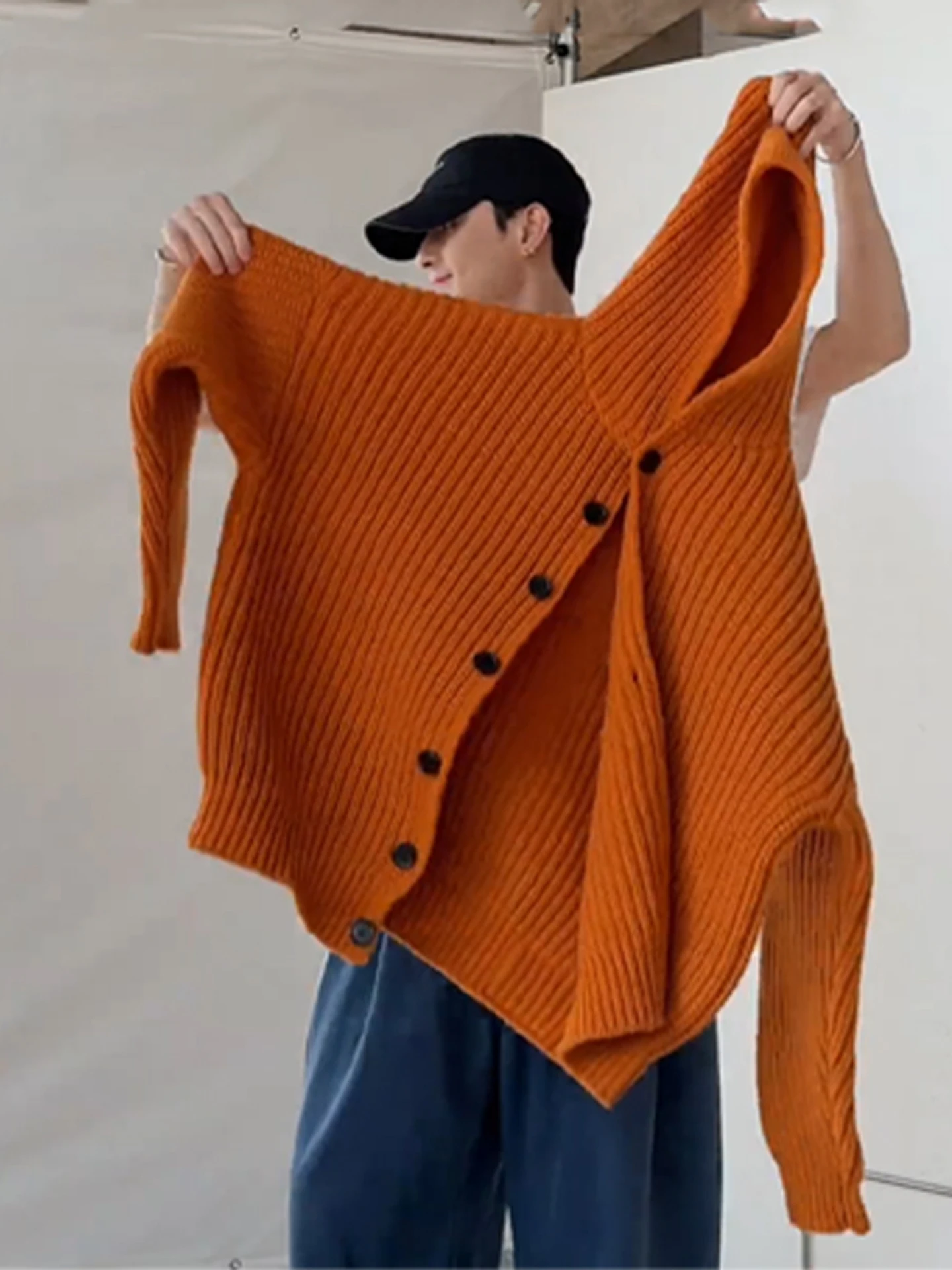 

Оранжевый толстый вязаный кардиган с капюшоном для мужчин, осенне-зимний, в стиле «ленивый шик», вязаный свитер, американский элитный тяжелый пальто-кардиган