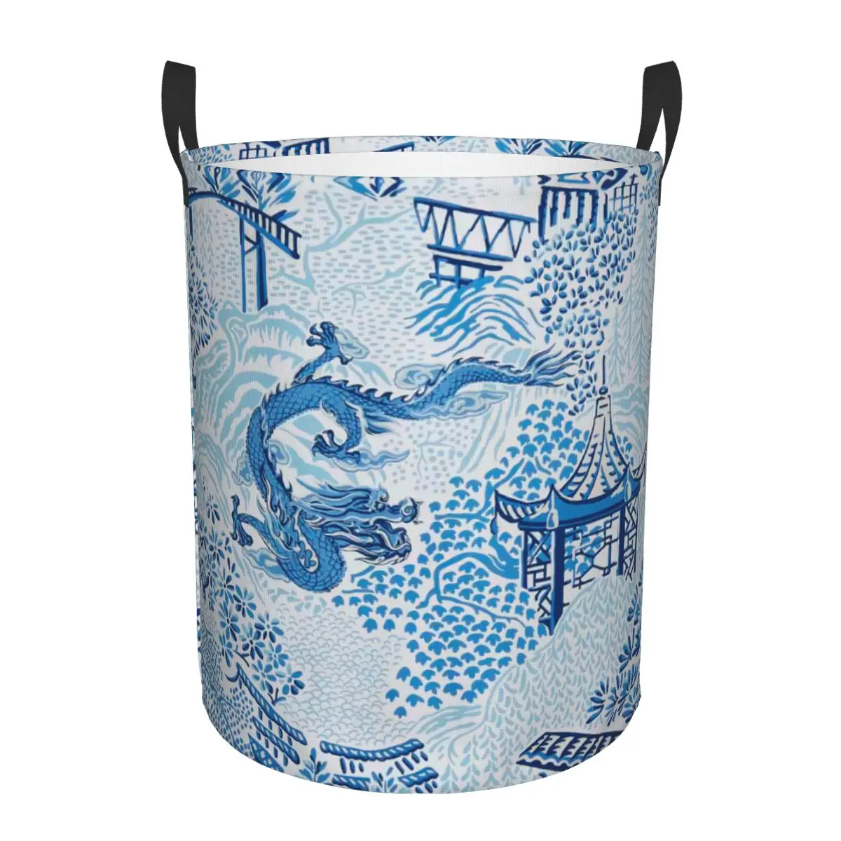 Custom Antique Chinese Dragon Chinoiserie Toile Laundry Basket Blue Delft Willow Pagoda Toy Clothes Hamper Storage Bin