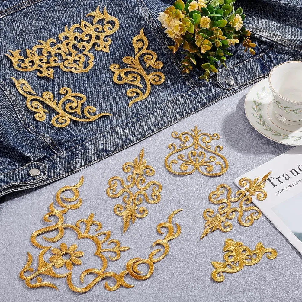 12 Pcs Gold Flower Embroidery Patch, 6 Styles Iron on Patches Sew on Patches Golden Floral Lace Appliques for Wedding Dress