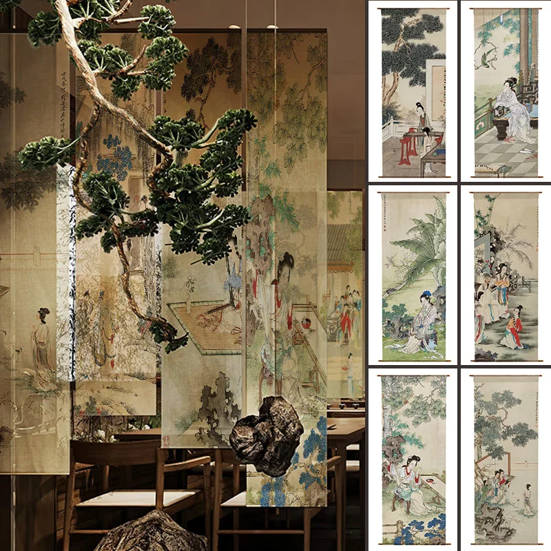 New Chinese Style Traditional Lady Hanging Decoration Semi-transparent Hanging Cloth Classical Zen Wall Decor for Tea Room