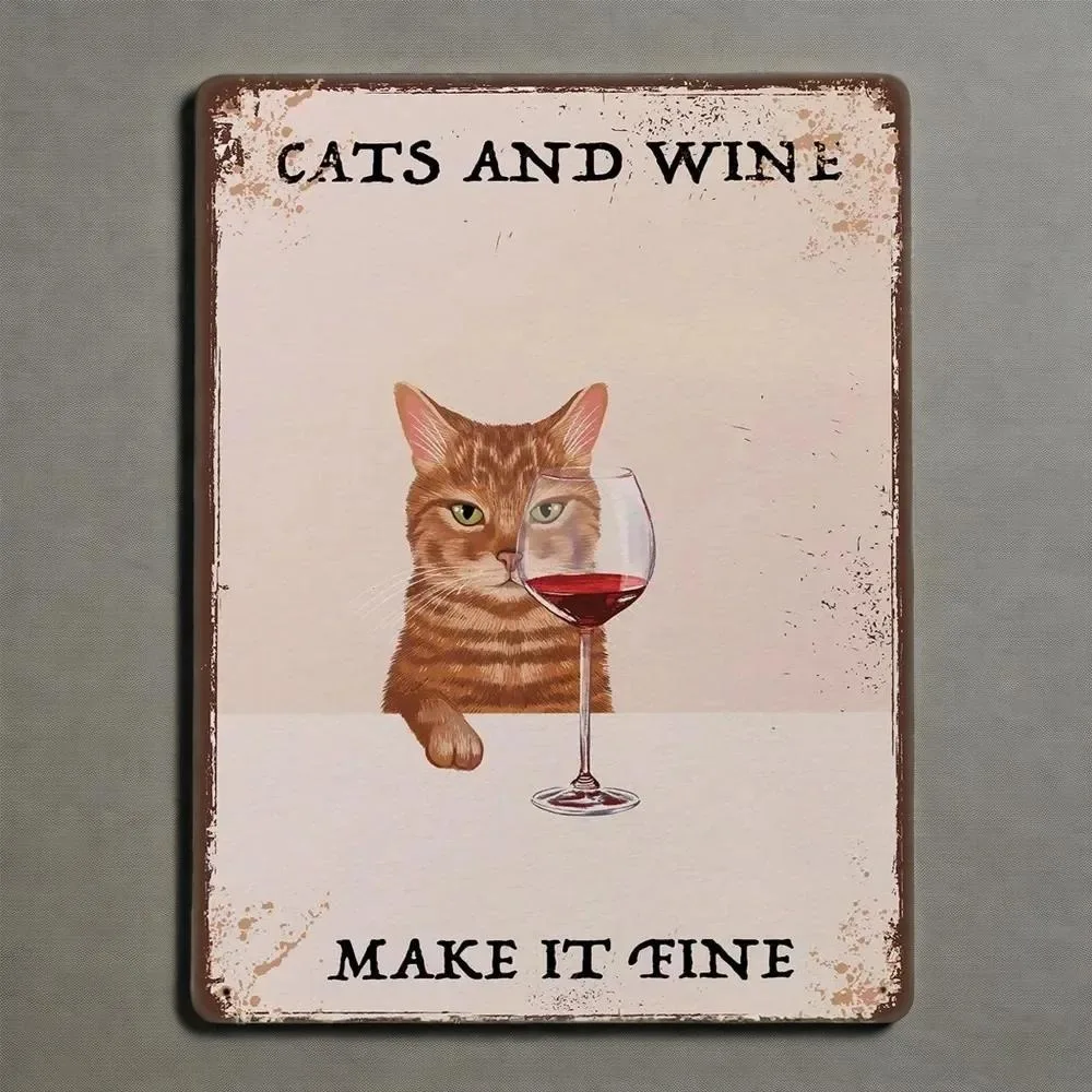 

Funny Cat Wine Plaque - "Kot i Vino" | Rustic Metal Art | Aged Patina, Wine Bottle & Winking Cat Motif | Kitchen/Dining Decor