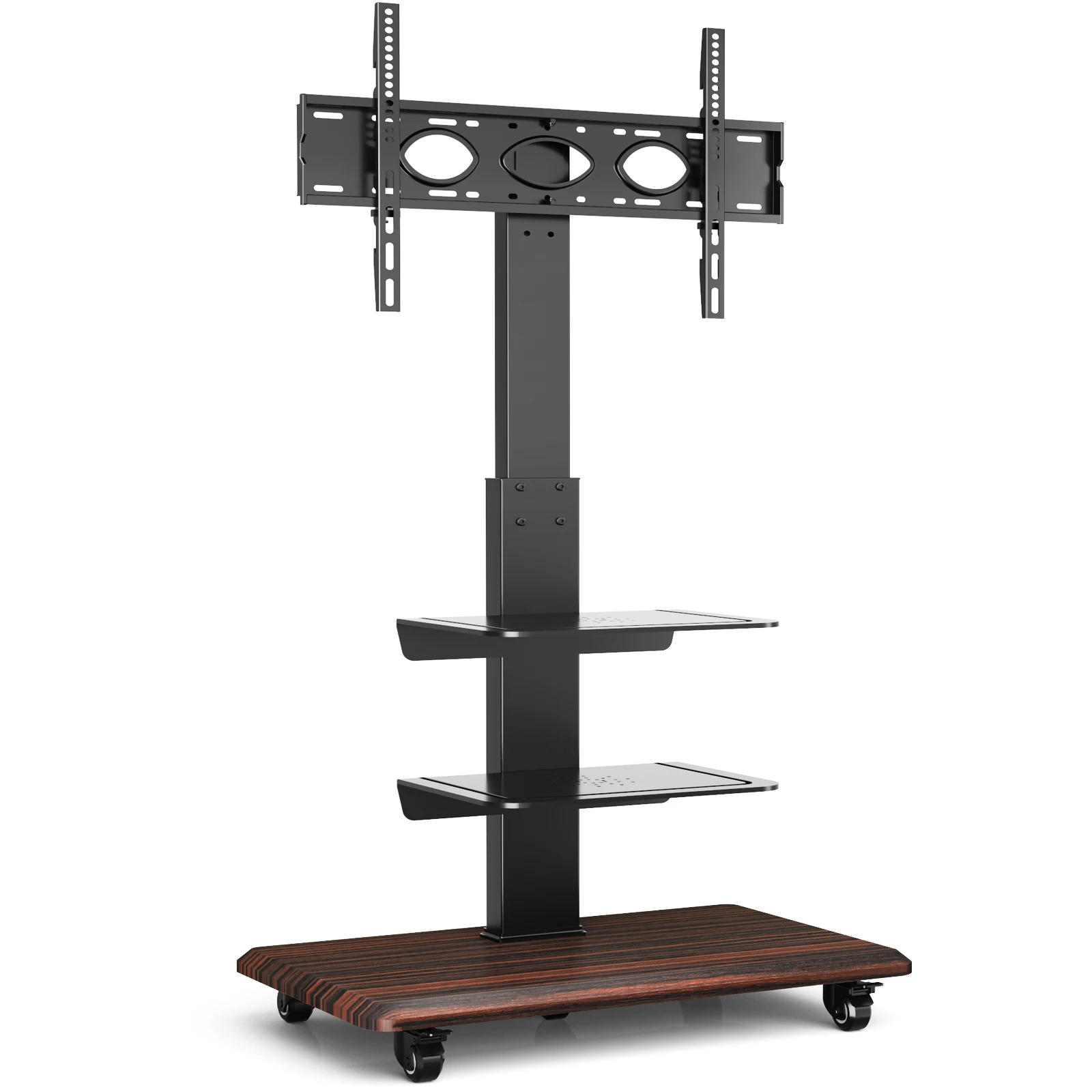 Modern Rolling Black Floor TV Stand with Dual Shelves and Wooden Base for 40-75 inch TVs