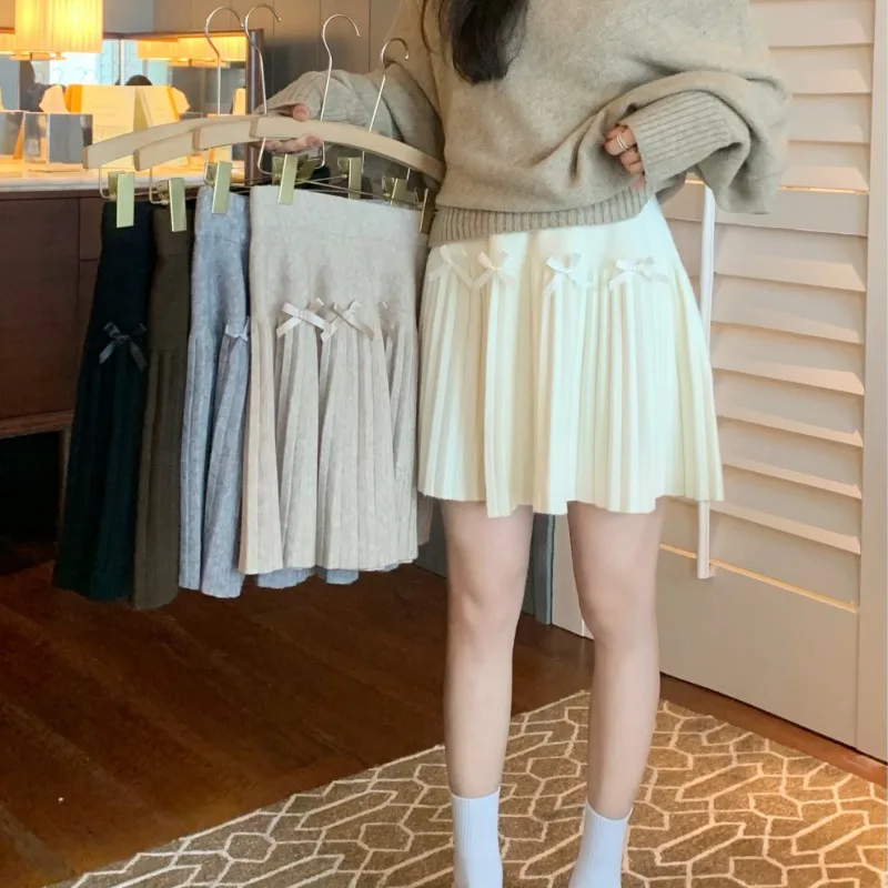 MiiiiX Korean Sweet Bow Knitted Pleated Skirt Simple Versatile High Waist Slim A-Line Short Skirt 2024 Autumn Women's Clothes