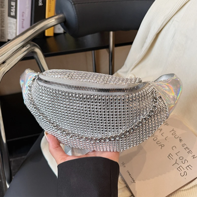 

Chain Waist Bag For Women Shiny Gold Silver Handbag Trend Fanny Pack Versatile Fashion Casual Crossbody Chest Bag Lady Hip Purse