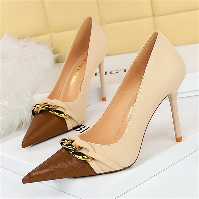 

BIGTREE Sexy Banquet Party Woman Pumps Autumn Fashion Shallow Color Matching Pointed Metal Chain Decorated Casual Women's Shoes