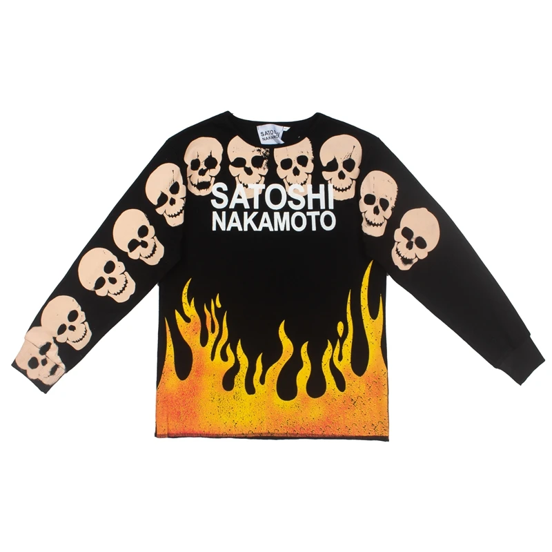 Autumn Flame Skull printed Tshirt for Men Waffle Long Sleeve Tee Oversize Boxy Relaxed Fit Vintage Streetwear Sweatshirt Shirt