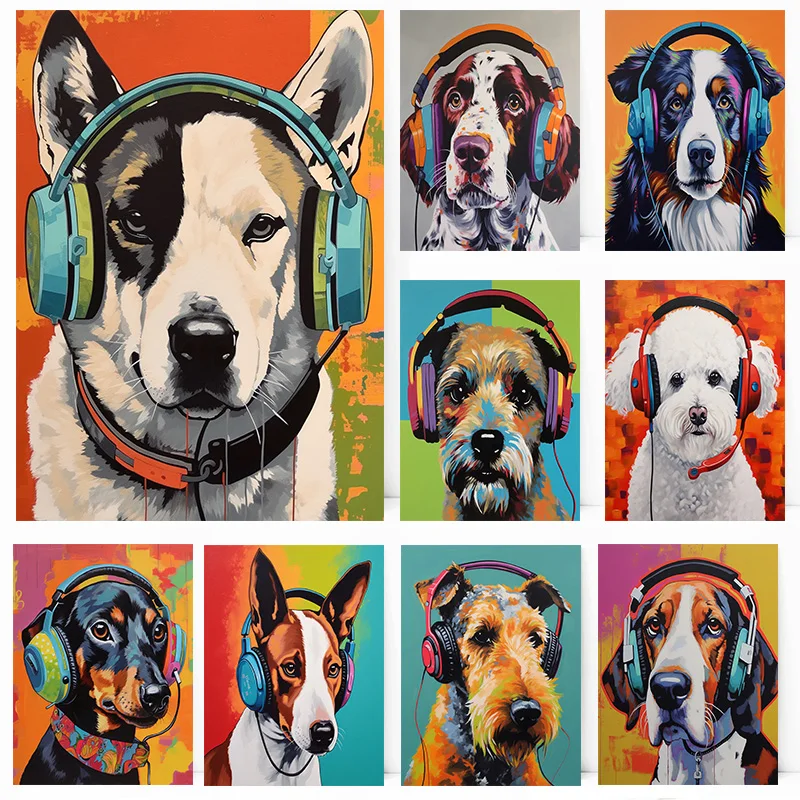 Akita Shepherd Basenji Bichon Frise Border Terrier Mastiff Headphones Poster Wall Art Pictures Canvas Painting Room Home Decor