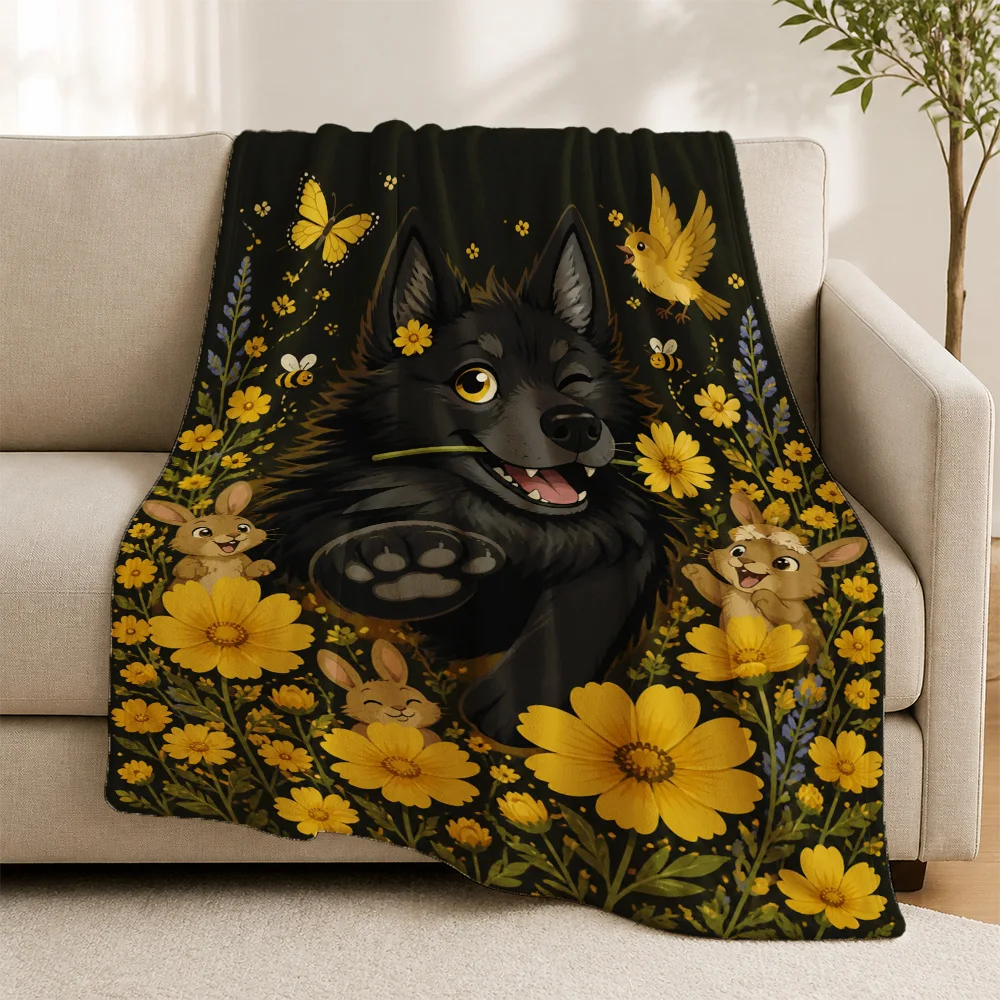 Aesthetic Wolf Dog Floral Print Throw Blanket Yellow Sunflower Puppy Pattern Cozy Throw for Sofa Couch Bed Decor Gift