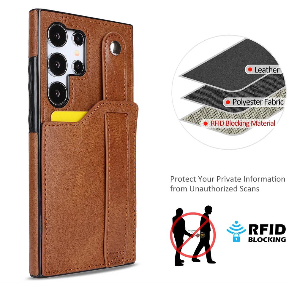 Portable Wristband Leather Case for Galaxy S25 Ultra S20 S22 S24 Plus S21 S23 FE S25 Edge RFID Blocking Card Holder Back Cover