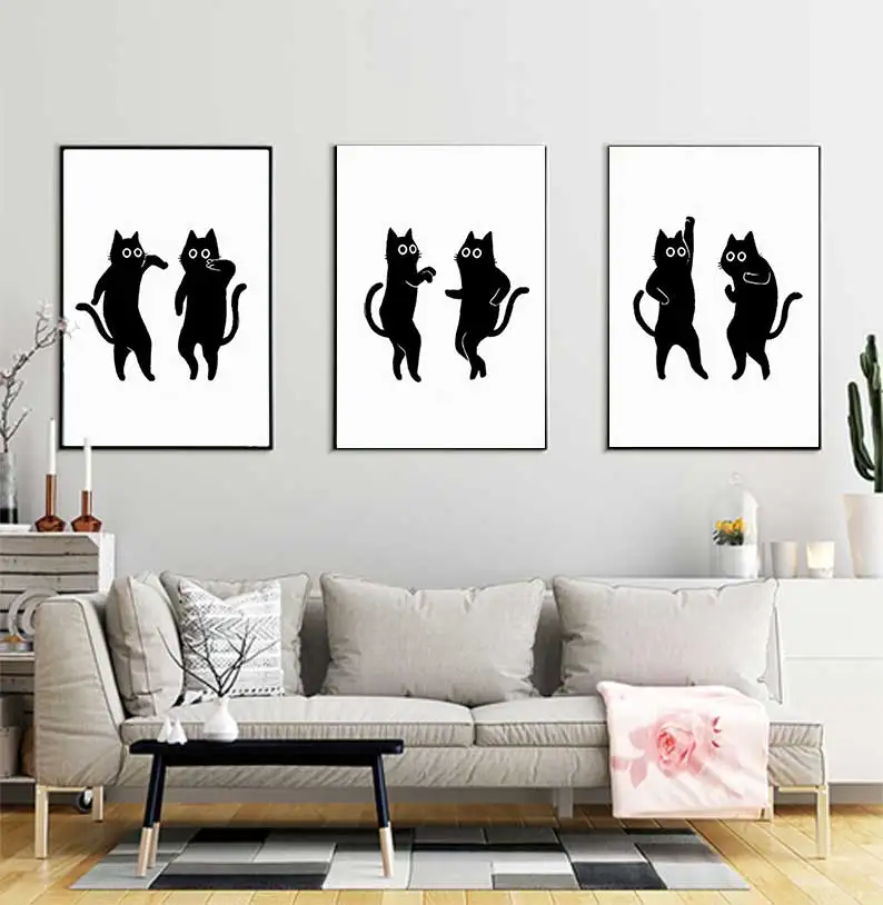 Dancing Cats Poster Art Print Funny Black Cats Dance Poster Minimalist Wall Art Movie Scene  Canvas Painting Wall Picture Decor