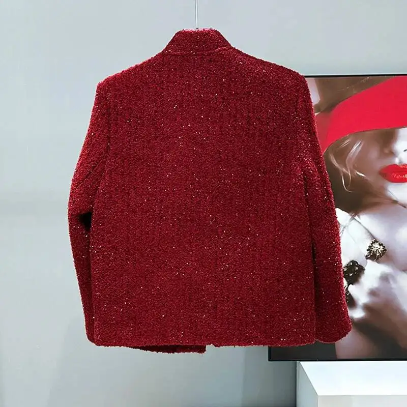 Tweed Korean Style Men's Jackets Round Collar Shoulder Padded Loose Tops Single Breasted Pockets Solid Color Coats AW12
