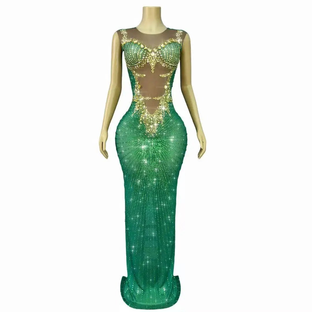 Sukienka damska seksowna, błyszcząca, z zielonymi cyrkoniami, bez rękawów, długa, na imprezę, urodziny, wieczór, sesję zdjęciową, występ sceniczny, kostium.