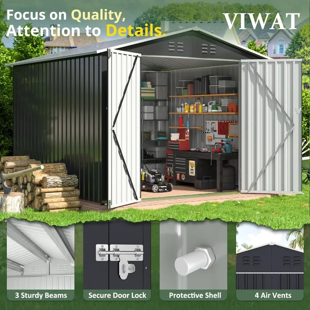 8x8 FT Outdoor Storage Shed, Large Garden Shed with Updated Frame Structure and Lockable Doors, Metal Tool Sheds