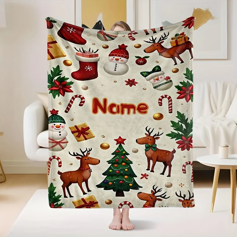 

1 piece of comfortable winter snowman gift boots, Christmas tree flannel blanket, soft red and white Christmas design, with snow