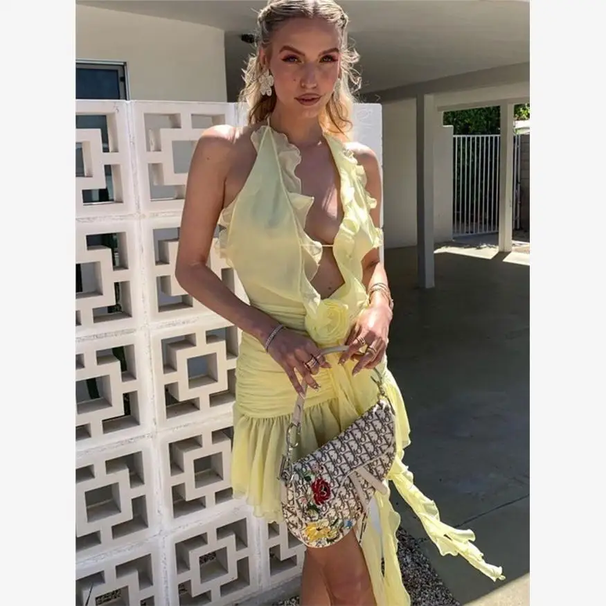 

Women's Backless Ruched Summer Dress Tassel High Waist A-Line Long Skirt V-Neckline Sleeveless Commute Style Clothing