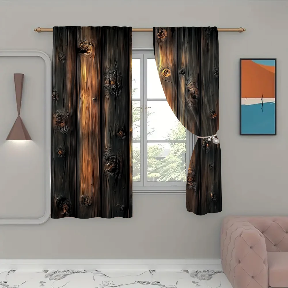 2Pcs Vintage Wood Textured Curtains Rustic Light Filtering Curtains For Kitchen Living Room Office Bedroom Home Decor