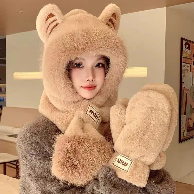 Little tiger ears hat scarf integrated hat women's winter Korean version cute plush warm ear protection scarf Lei Feng hat