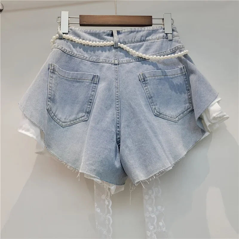 Short Pant Women Splice Belt A Line Jeans Loose Mid Waist Straight Trousers Y2k Streetwear Work Beach Denim Lace 2026 view 5