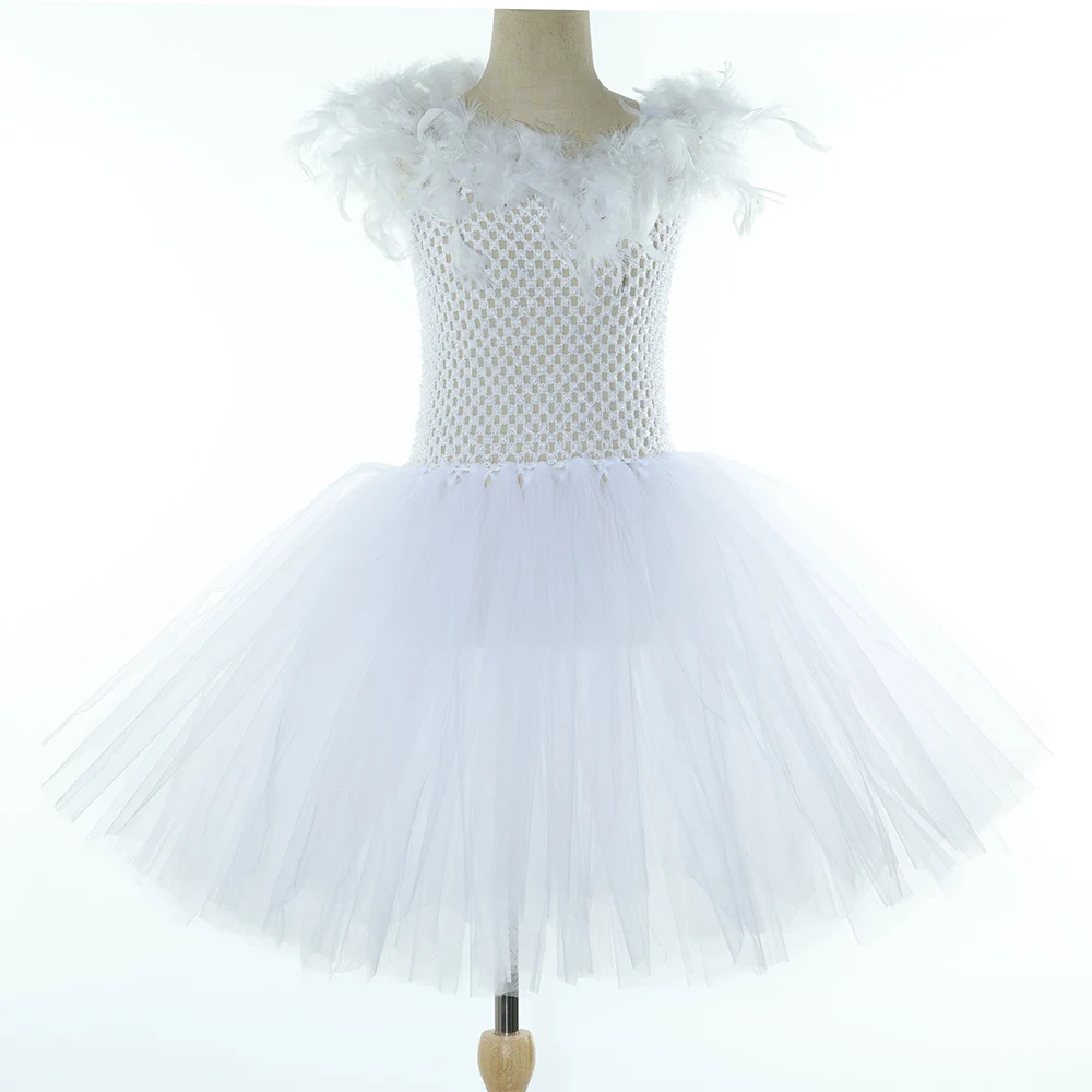 White Angel Swan Elegant Style Fancy Mesh Tutu Dress With Feather Wings Hairbow Kids Christmas Halloween Party Role Play Outfit