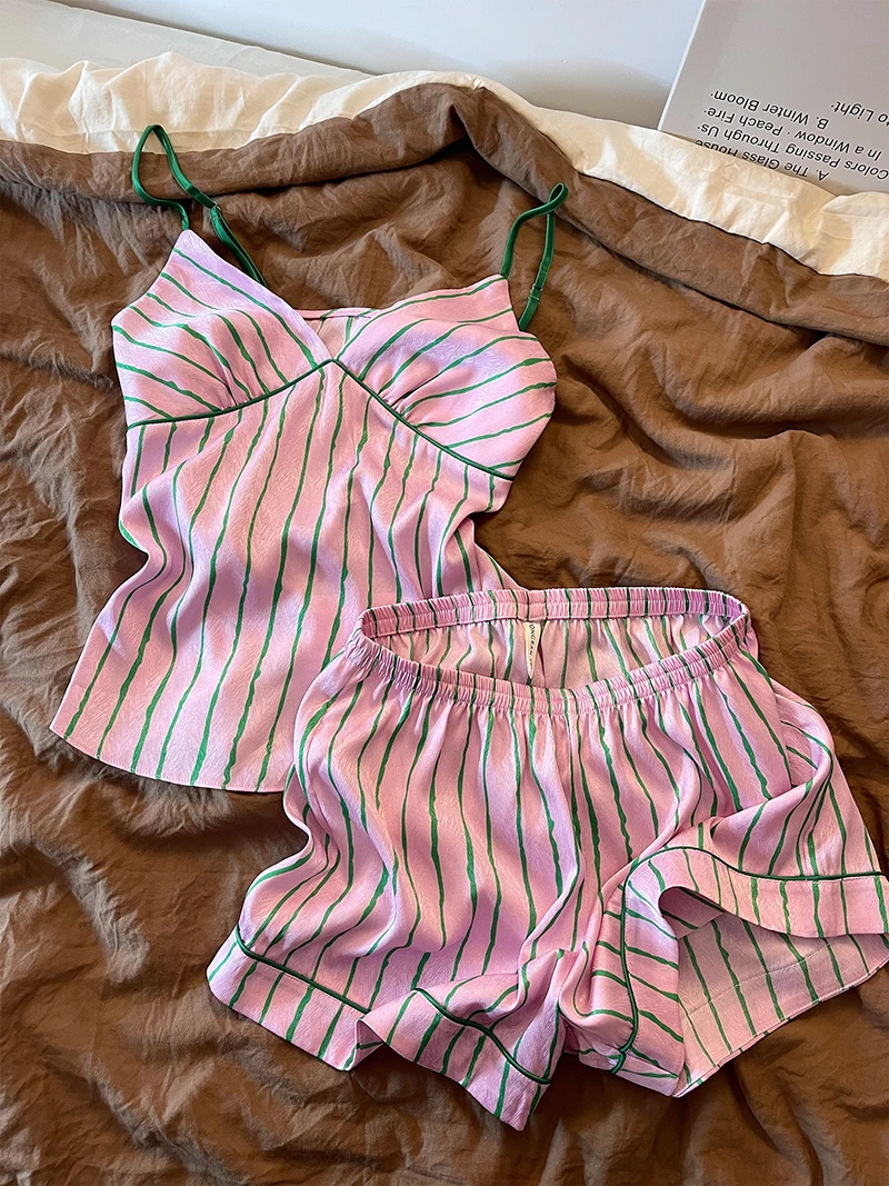 

Women's Satin Striped Pajama Set French Style Ice Silk Cami Tops And Elastic Waist Shorts Summer Color Blocking 2Pcs Homewear