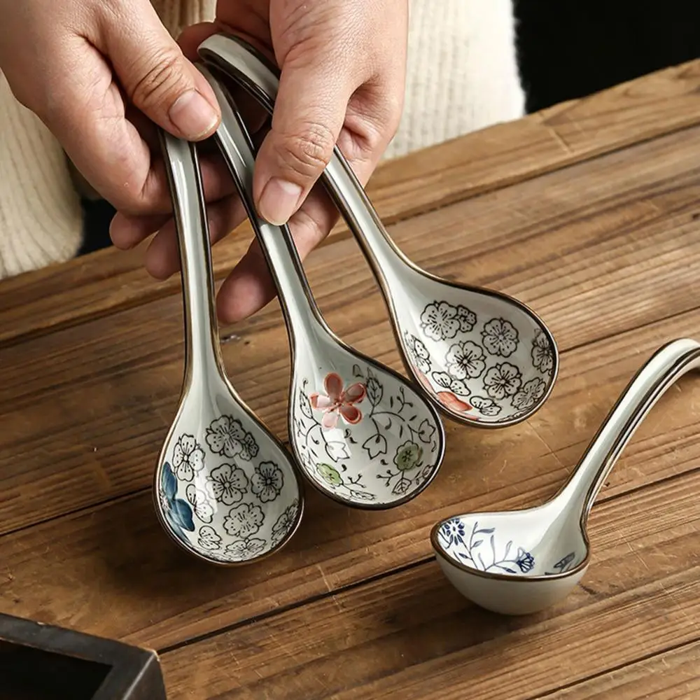 Chinese Retro Ceramic Flower Spoon Classical Unique Cutlery Stirring Scoop Simple Trendy Durable Eating Dinnerware