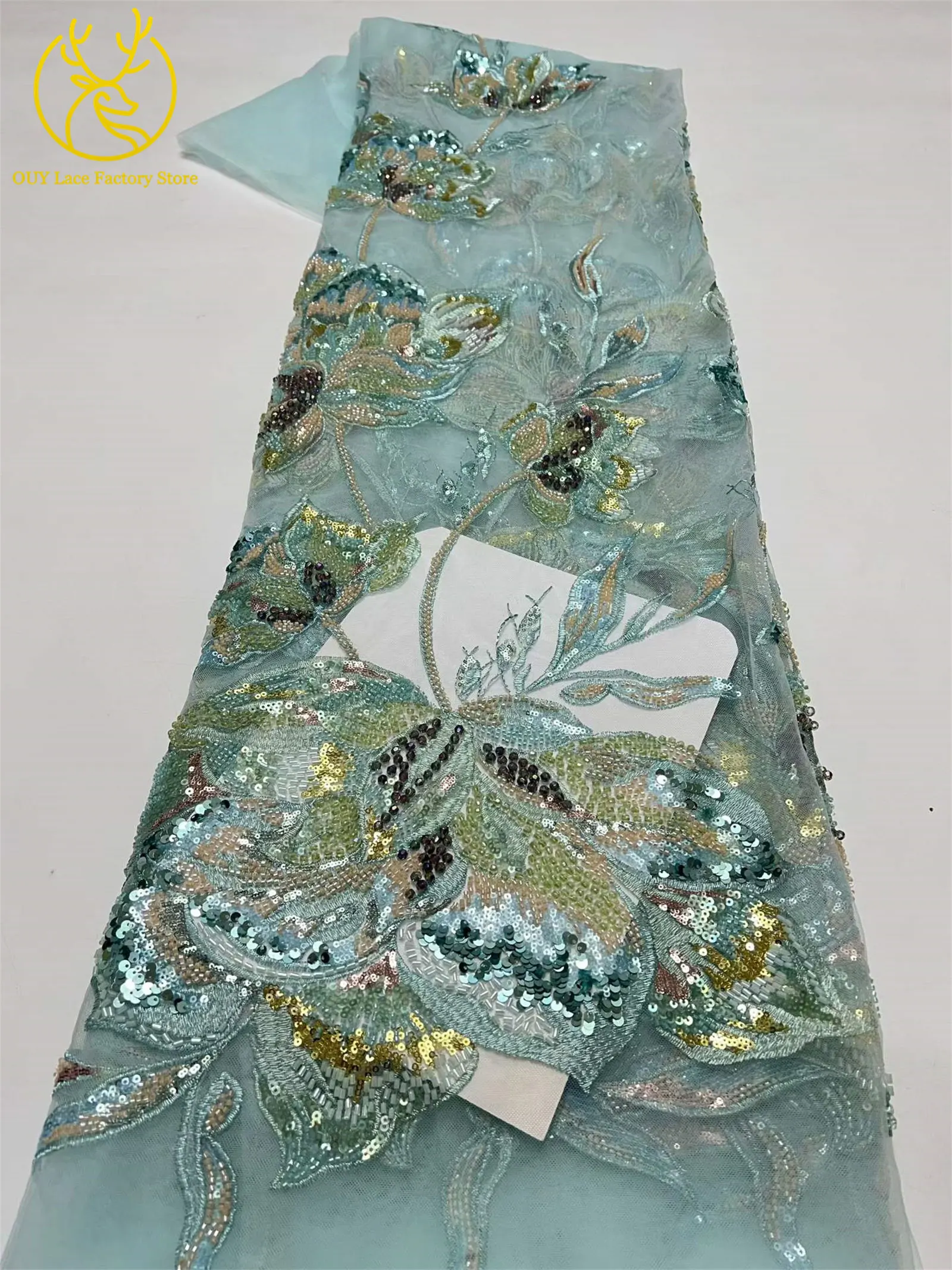 Luxuriöser afrikanischer Brautkleidstoff mit Stickerei, großen Blumen und Perlen, 5 Yards, hochwertiger französischer Pailletten-Spitzenstoff zum Nähen von Kleidern – Detail 12
