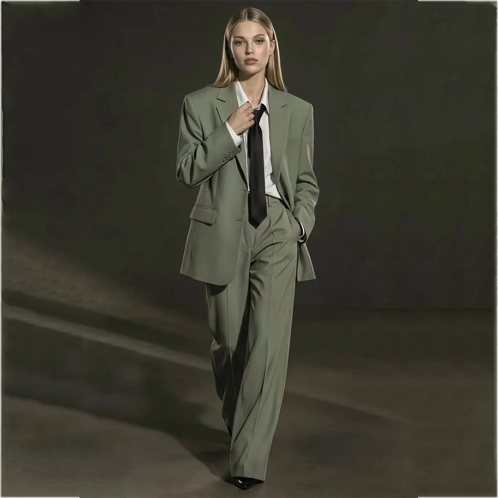 Women Oversized Blazer Suit Set 2 Pieces Wide Leg Pants Peak Lapel Single Breasted Elegant Business Office Formal Outfit