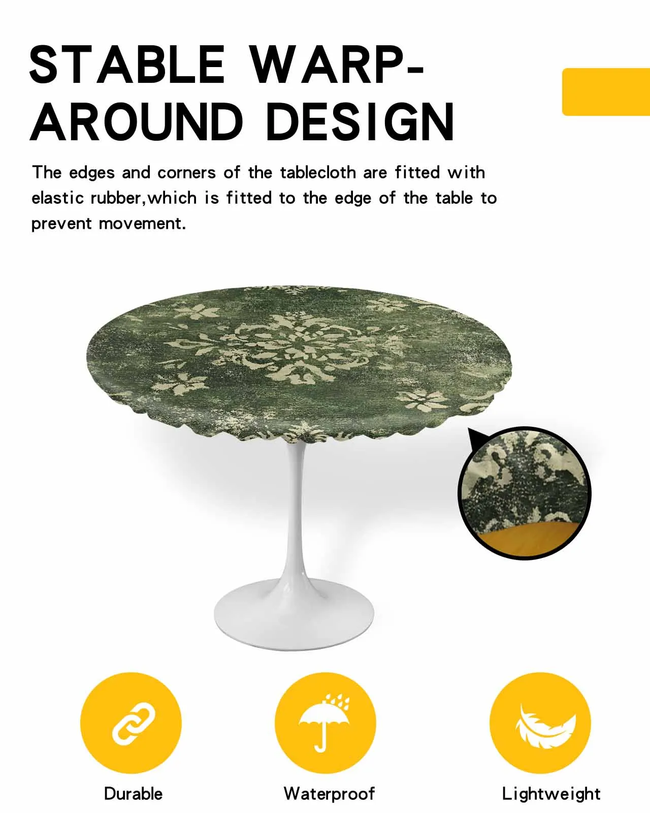 Ethnic Oriental Green Light Yellow Round Elastic Edged Table Cover Protector Cloth Waterproof Rectangle Fitted Tablecloth