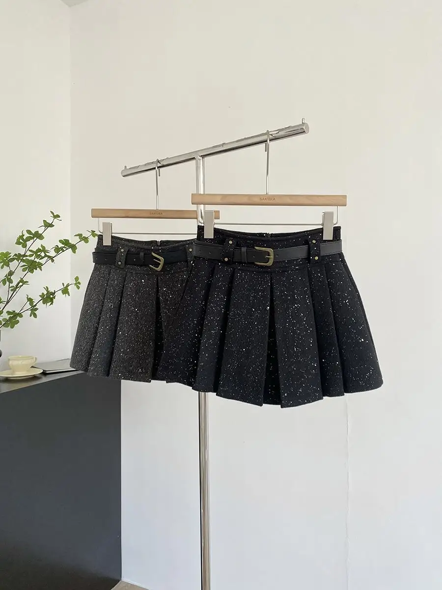 Femmes noir gris paillettes automne hiver décontracté Mini jupe Y2K Harajuku Style mignon collège haute rue rétro jupe décontractée 2025