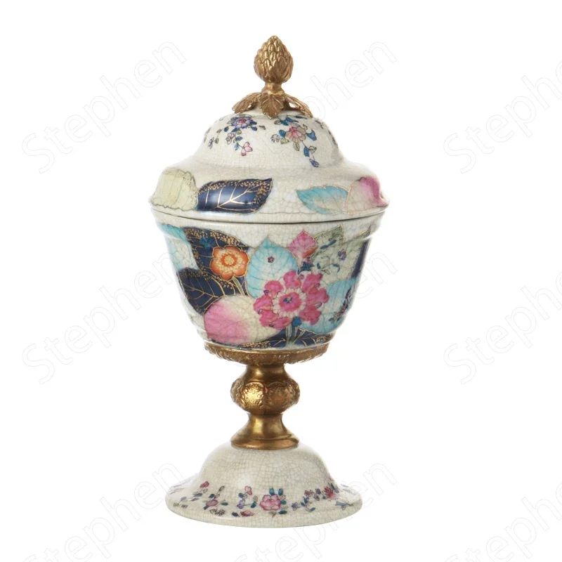 European Ceramic with Copper Storage Jars with Lid American Classical Painted Floral Decorative Dried Flower Vase Home Decor