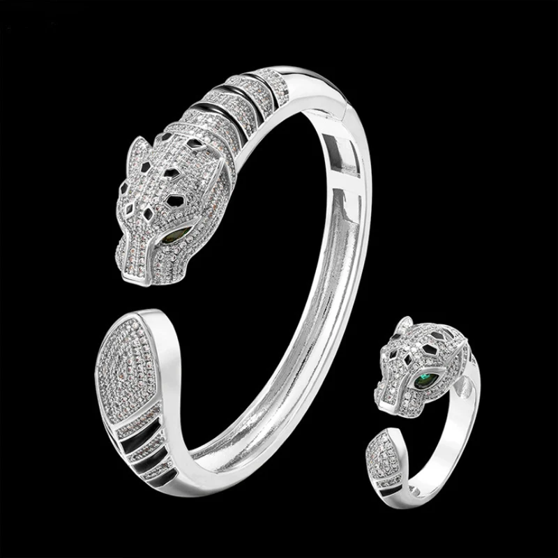 Fashion Enamel Leopard Titanium Steel Micro-Inlaid AAA Zircon Luxury Retro Bracelet Ring Set