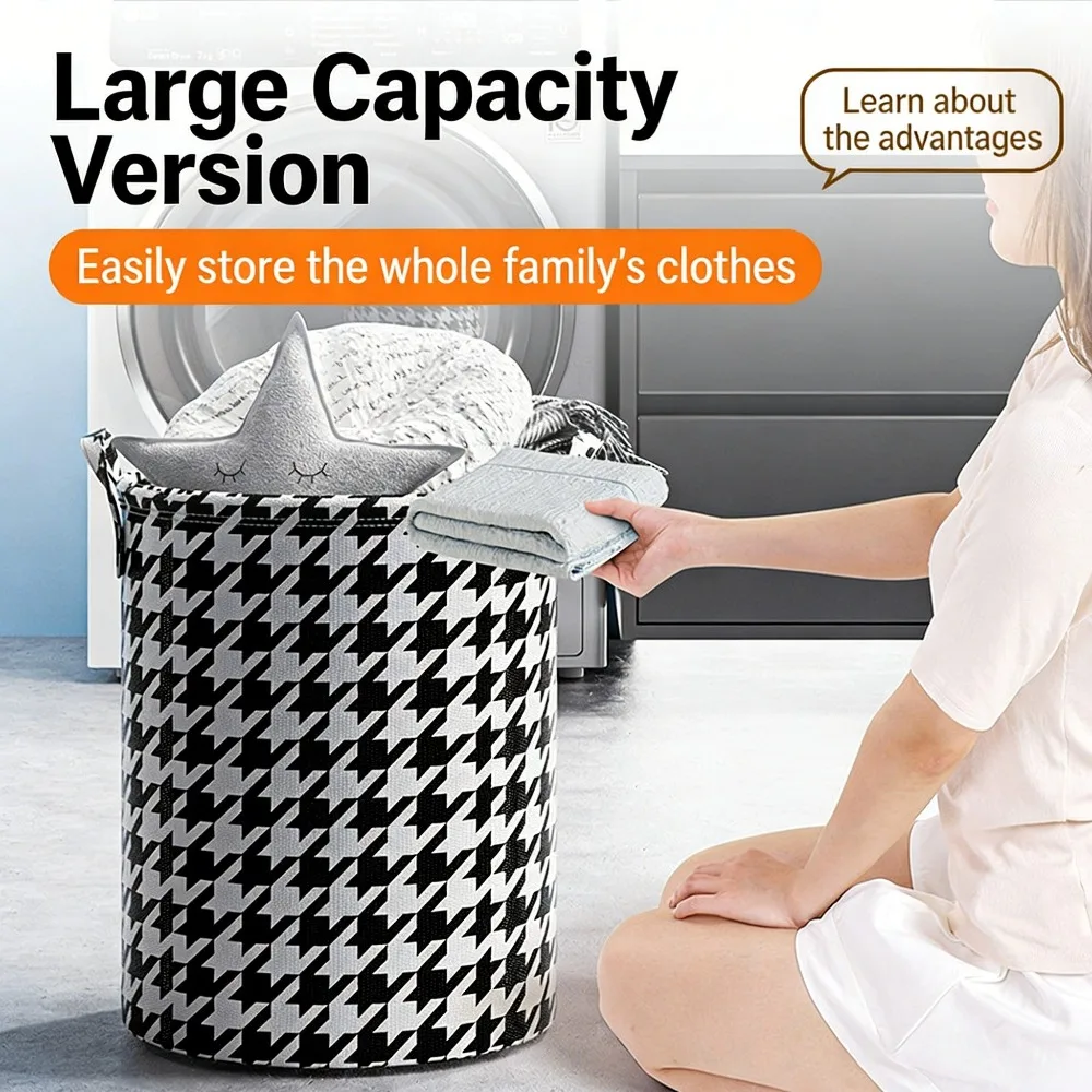 Houndstooth Laundry Hamper Foldable Non Woven Fabric Clothes Basket With Handles Bathroom Storage Bins For Toys Extra Large Bags
