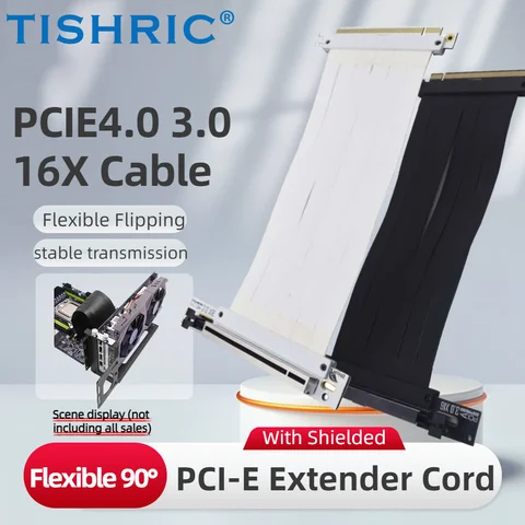 TISHRIC PCIE 4.0 3.0 X16 Riser Cable 20/30/40/60CM 28AWG PE Shielded High-Speed Flexible 90° Video Graphics Card Extender Cord