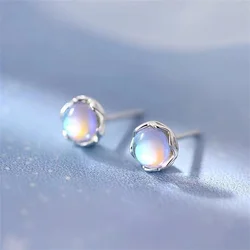 925 Silver Plated Moonstone Round Bead Stud Earring For Women Girls Wedding Party Jewelry Gift E379