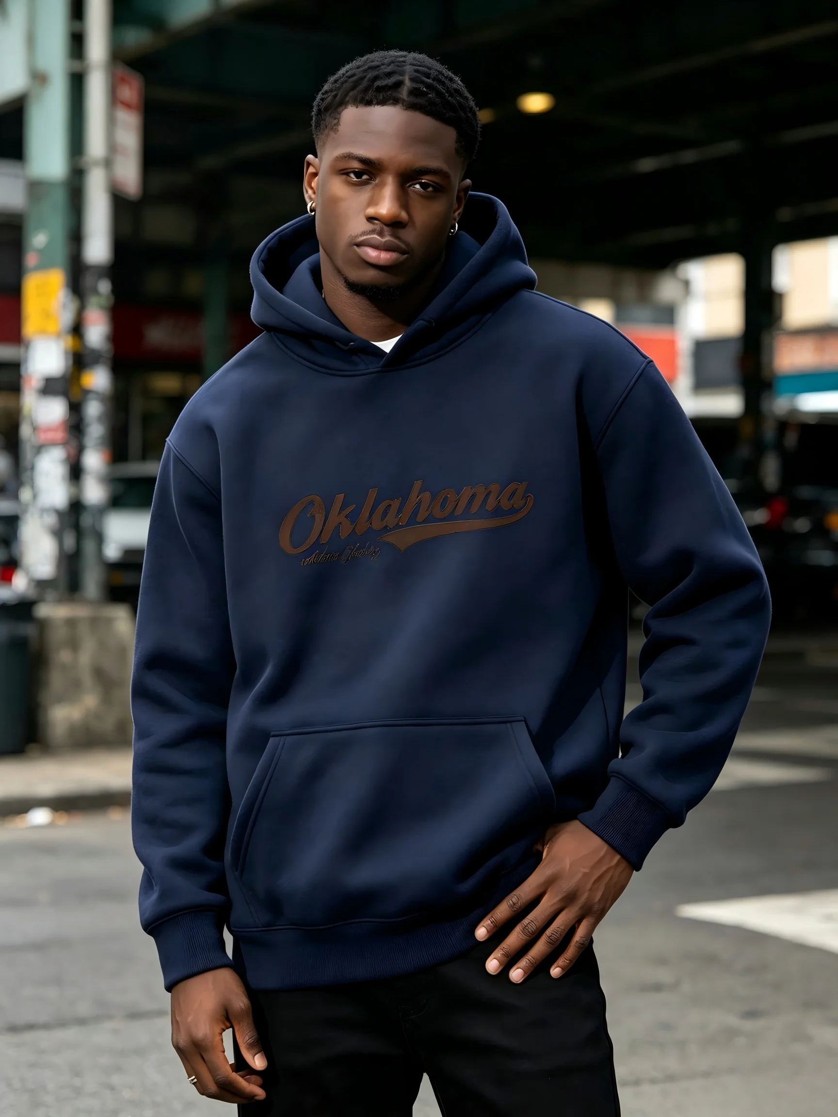 Men Women Vintage Oklahoma Script Letter Print Hoodie Autumn Winter Loose Pullover Sweatshirt Kangaroo Pocket Retro College Stre