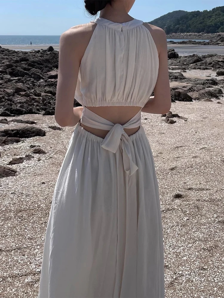 Liangliang Bal-Chaleco con cinturón calado para mujer, novedad de verano, Falda larga plisada Vintage, cintura alta, estilo coreano