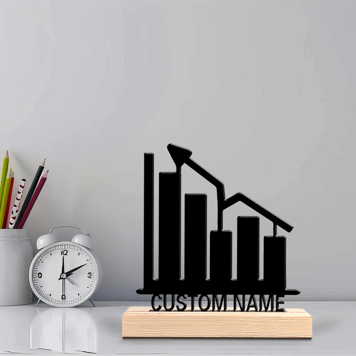 1pc Finance Business  Custom Letter Metal Statue Iron Ornament With Wood Base Metal Sculpture With Wood Base For Boys Gifts