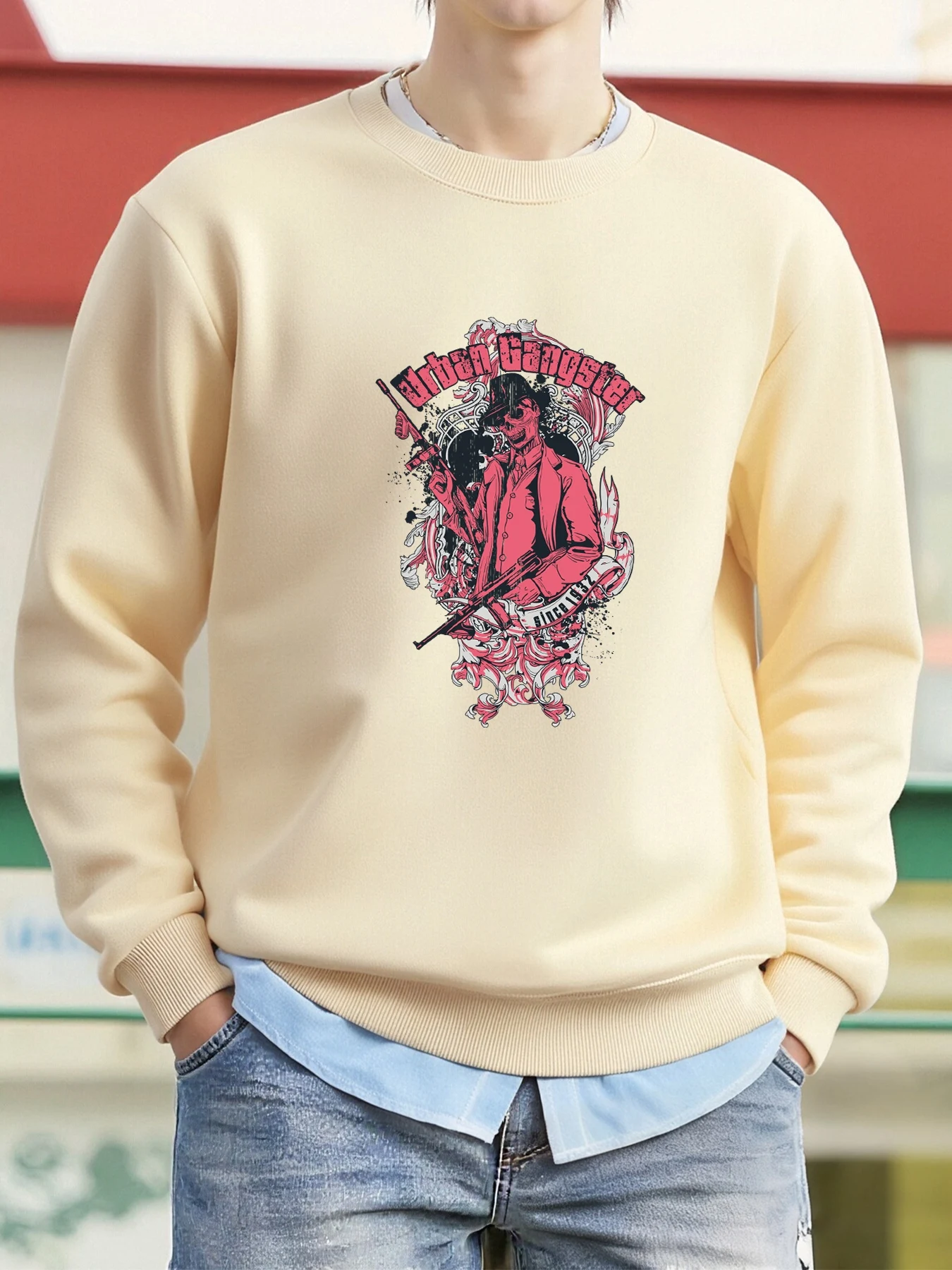 Urban Gangster Skeleton Bedrucktes Herren-Sweatshirt aus Fleece, Oversize-Pullover, Herbst, lässige Streetwear, Rundhalsausschnitt, modische Kleidung