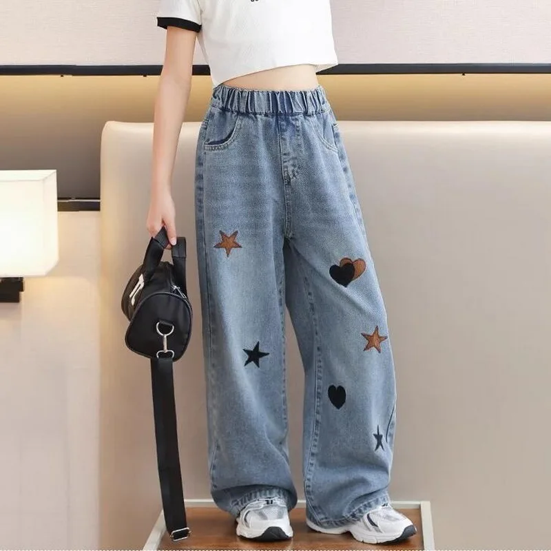 

Spring Autumn Kids Girls High Street Jeans with Stars & Heart Print Teenage Children Fashion Harajuku Denim Pants Trousers 4-14Y