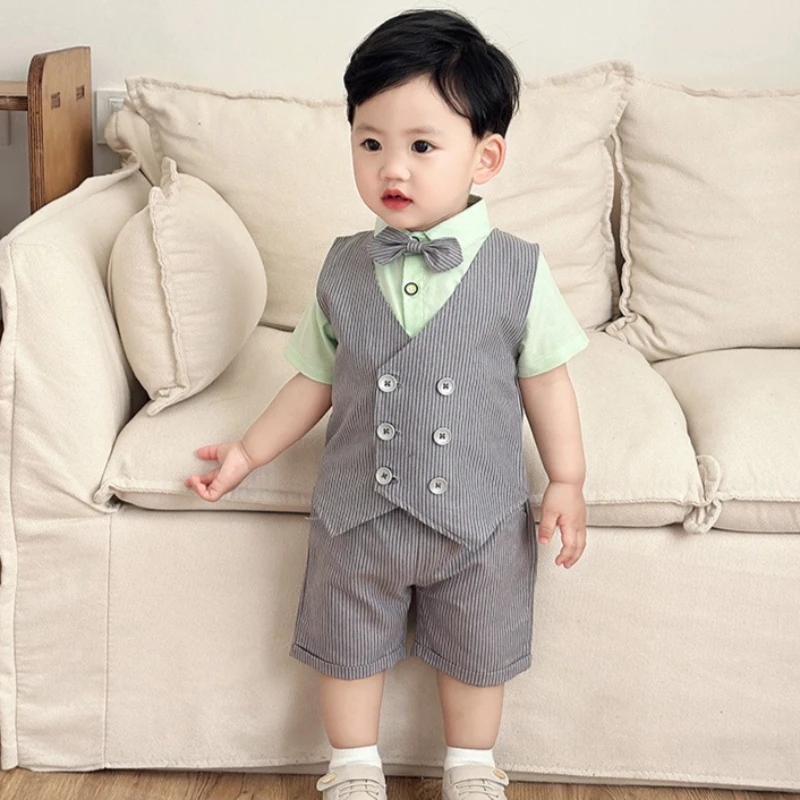Boys Suit 2026 Spring and Summer New Childrens Wear Baby Boys Foreign British Gentleman Short Sleeve Shorts Vest Three Sets