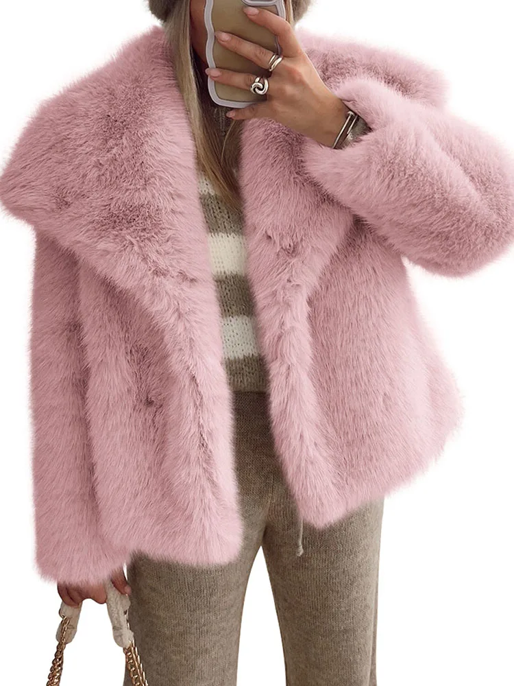 Vrouwen Elegante Nepbontjas Warme Pluizige Vintage Losse Revers Jas Met Lange Mouwen Herfst Winter Mode High Street Lady Outerwears