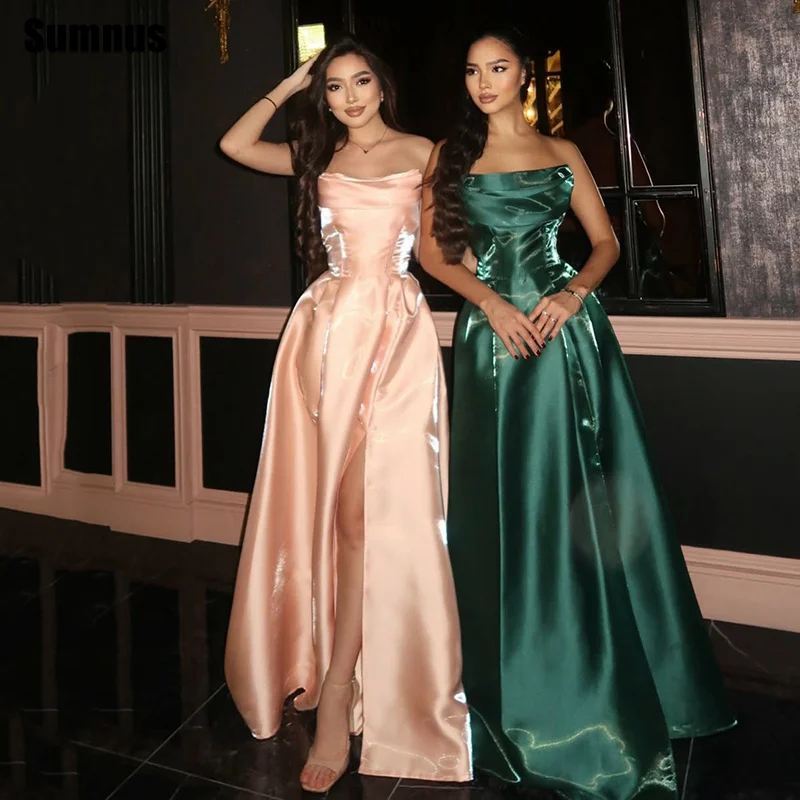 

Sumnus Simple A-Line Evening Dresses Satin Strapless Draped Side Slit Formal Occasion Dress فساتين سهرة Customized
